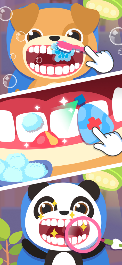 Dentist Baby Games for Kids - Escenas de juego de la aplicación Dentist Baby Games for Kids que muestran a niños limpiando y tratando los dientes de animales.