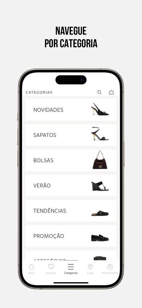 AREZZO - Arezzo app screen showing shopping categories for shoes and handbags