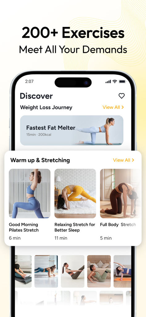 Pilates at Home, Wall Pilates - Interface of the Pilates at Home app displaying a library of over 200 exercises and stretching routines