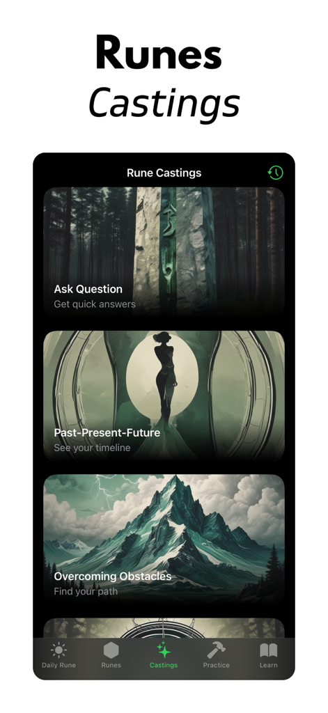 Norse Runes & Mythology - The rune castings screen of the Norse Runes and Mythology app featuring different reading options like Ask Question and Past-Present-Future spreads.