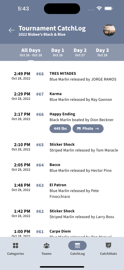 CatchStat - CatchStat mobile app interface showing a live tournament catch log with real-time fishing updates and marlin catches.