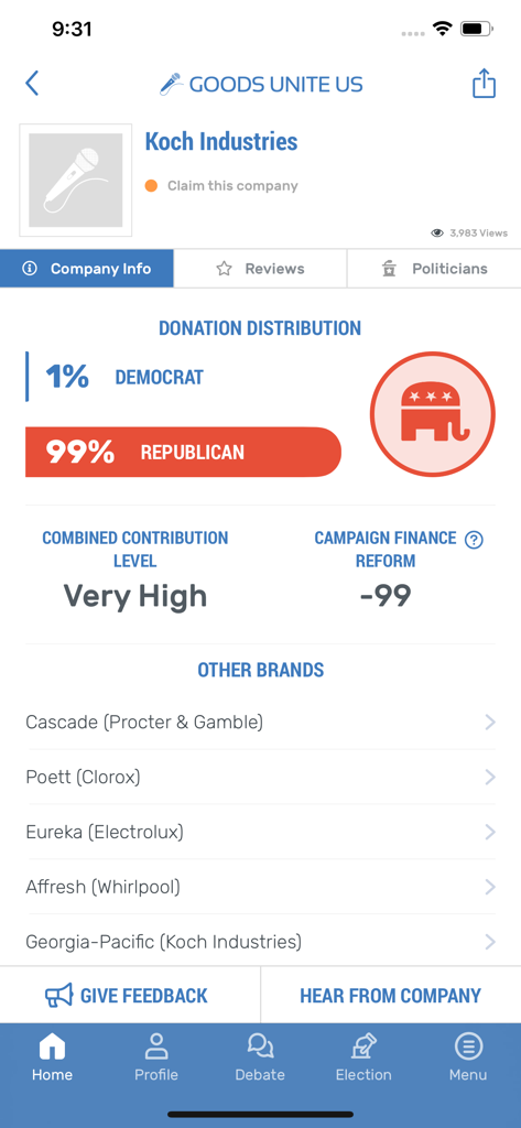 Aplicativo Goods Unite Us exibindo a distribuição de doações políticas para as Indústrias Koch, mostrando noventa e nove por cento de contribuições para republicanos
