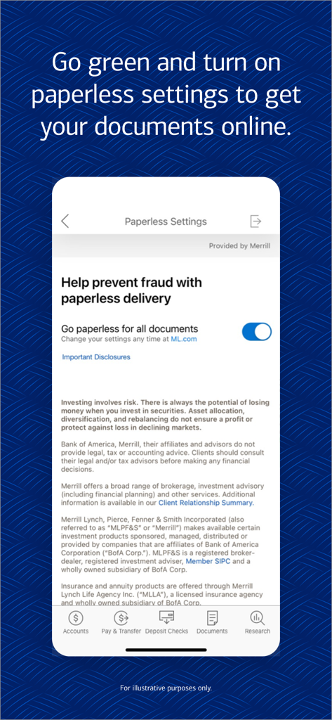 MyMerrill - Interfaz de la aplicación móvil MyMerrill que muestra la configuración sin papel para la entrega segura de documentos digitales.
