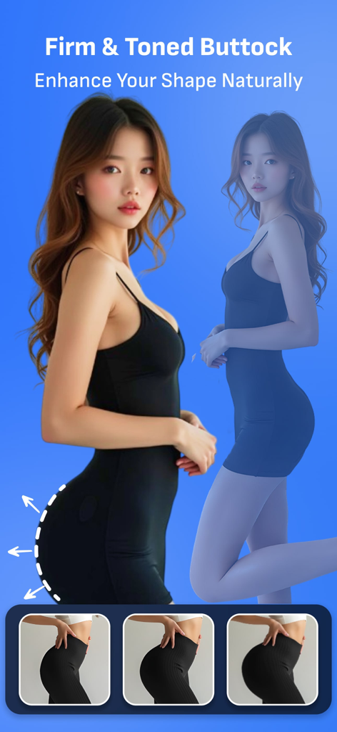 AI Body Shape Video Editor - AI Body Shape app interface showing natural buttock enhancement and toning features