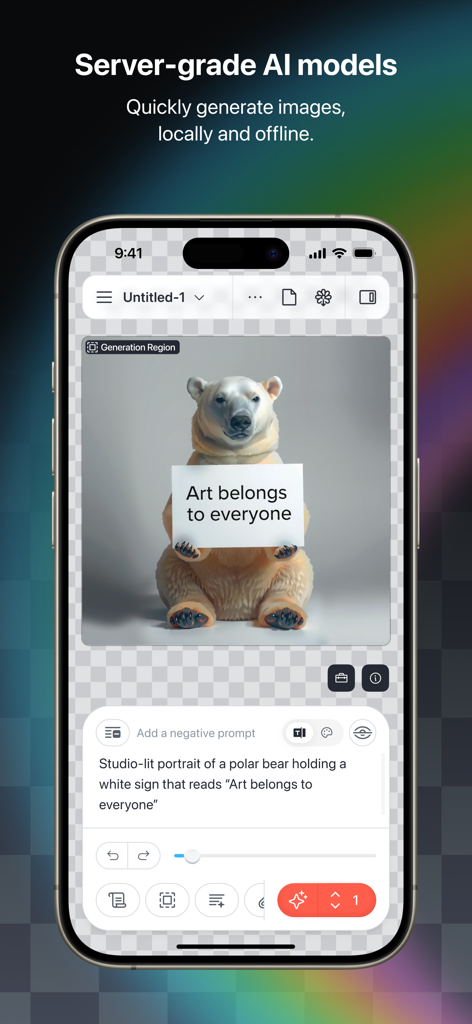 Draw Things: Offline AI Art - Draw Things app generating a polar bear image locally on an iPhone