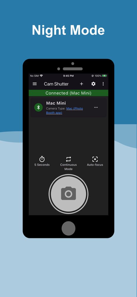 Cam Shutter - Cam Shutter app interface in Night Mode showing remote shutter controls for a connected device