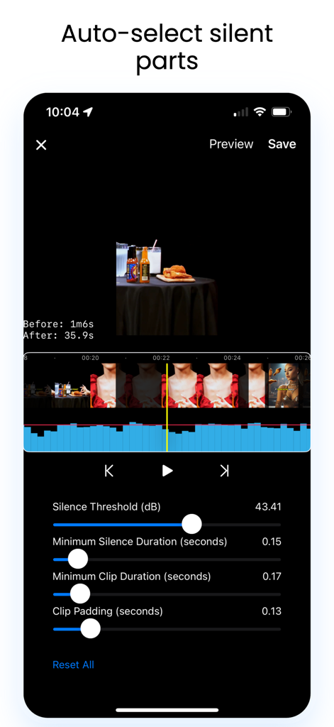 Remove Silence app interface showing settings to auto select and cut silent parts from a video