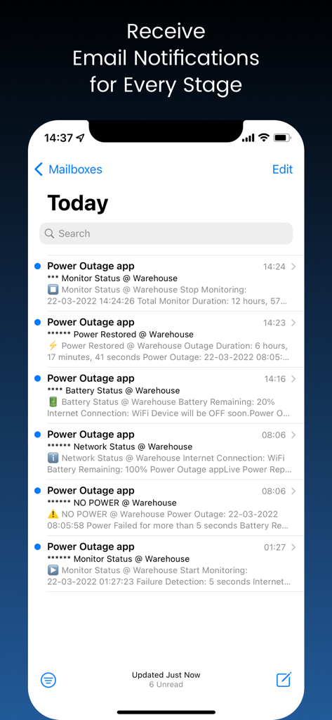 Pantalla de iPhone que muestra una lista de notificaciones por correo electrónico de apagones y alertas de restauración