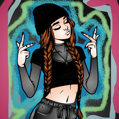 realistic teenage girl with braids and a beanie and crop top doing 🫶🏼