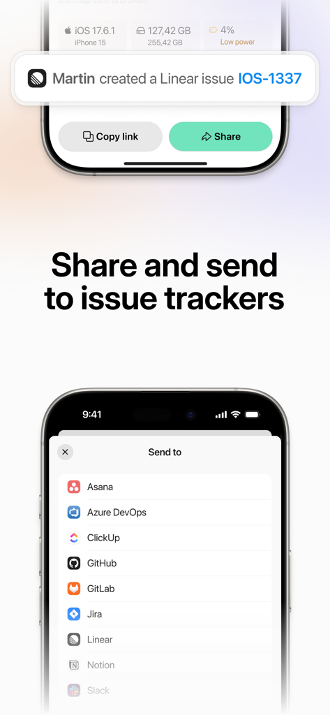 A mobile interface displaying a list of issue tracker integrations including Jira GitHub and Slack for bug reporting