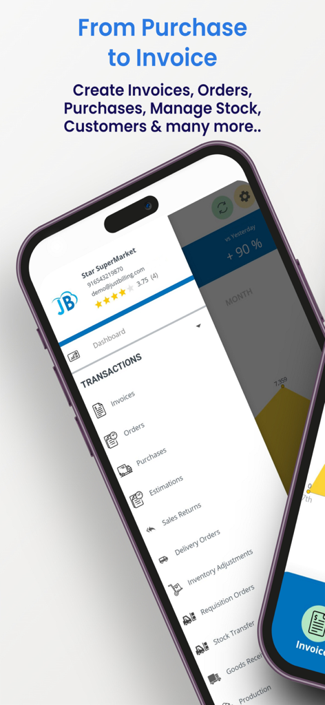 Just Billing POS Point of Sale - A smartphone screen displaying the transaction menu of the Just Billing POS app including invoices and inventory management