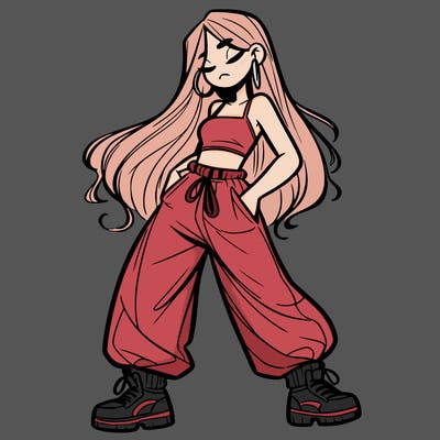 girl in baggy pants crop top and long hair
