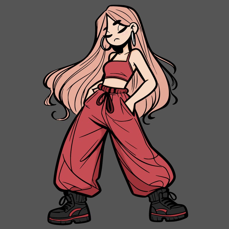 girl in baggy pants crop top and long hair
