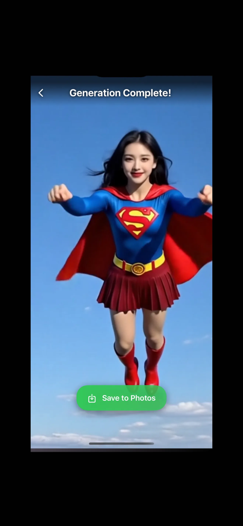 AINunaVideo - A mobile app screen showing a completed AI animation of a woman in a Supergirl costume flying in the sky