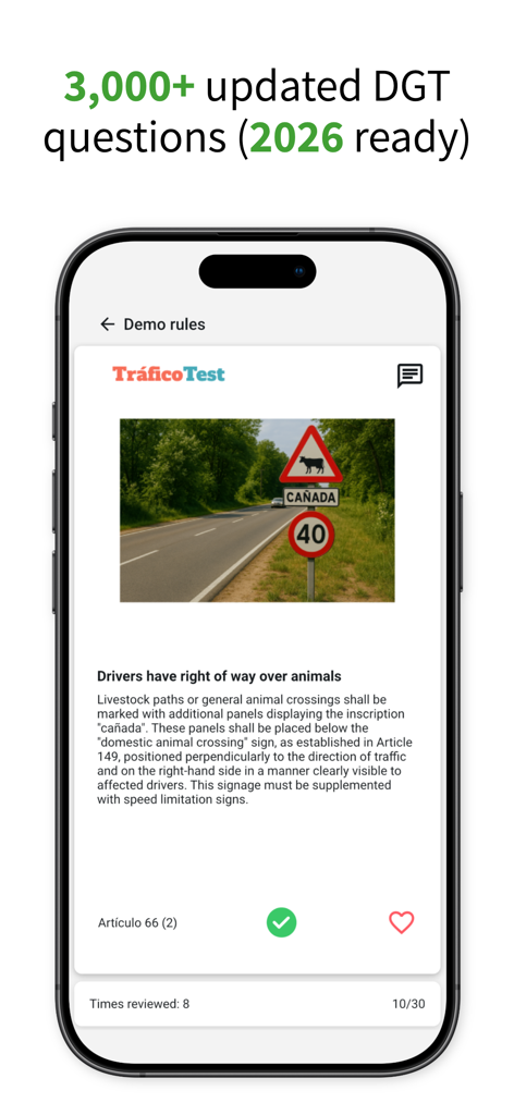 Schermata dello smartphone che mostra una regola teorica di guida riguardante gli attraversamenti di animali nell'app Teorica DGT