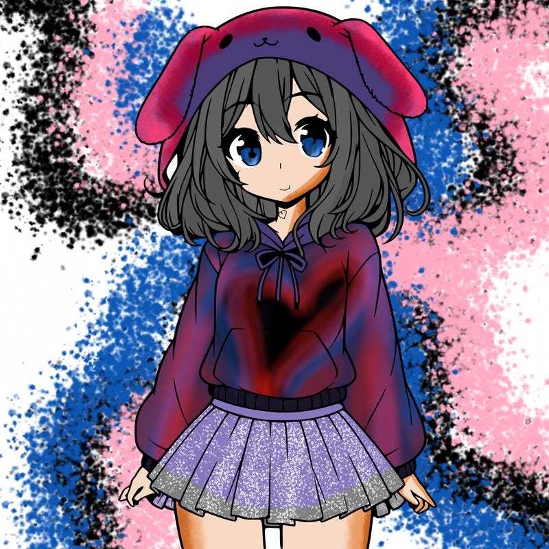 pretty anime girl wearing a fluffy hoodie with bunny ears on the hood and a skirt