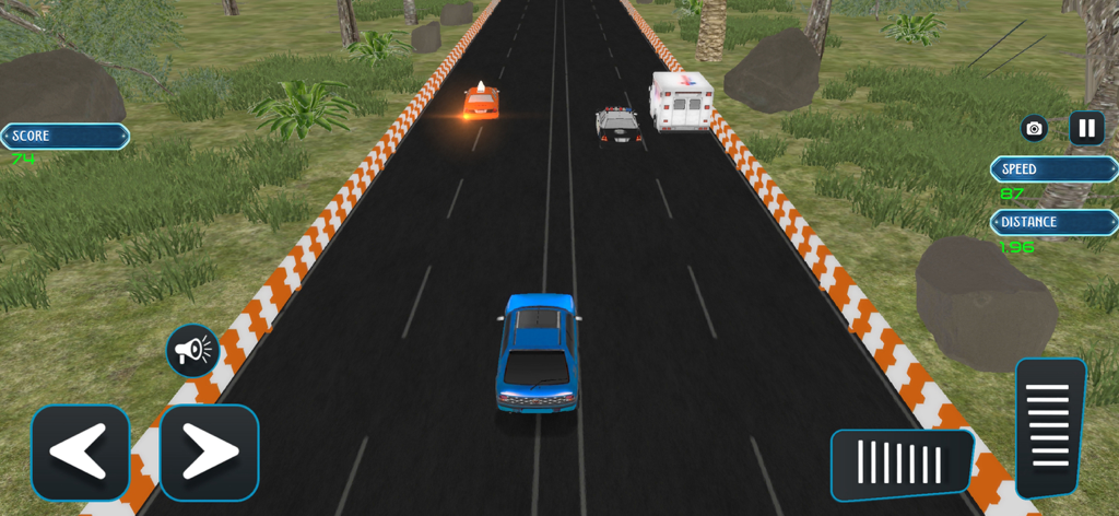 A blue car driving through highway traffic dodging an ambulance and police car in Fast Car Traffic Racing