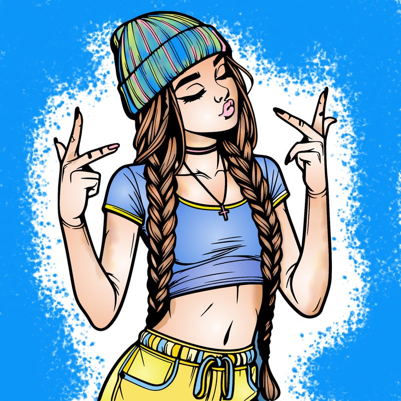 realistic teenage girl with braids and a beanie and crop top doing 🫶🏼