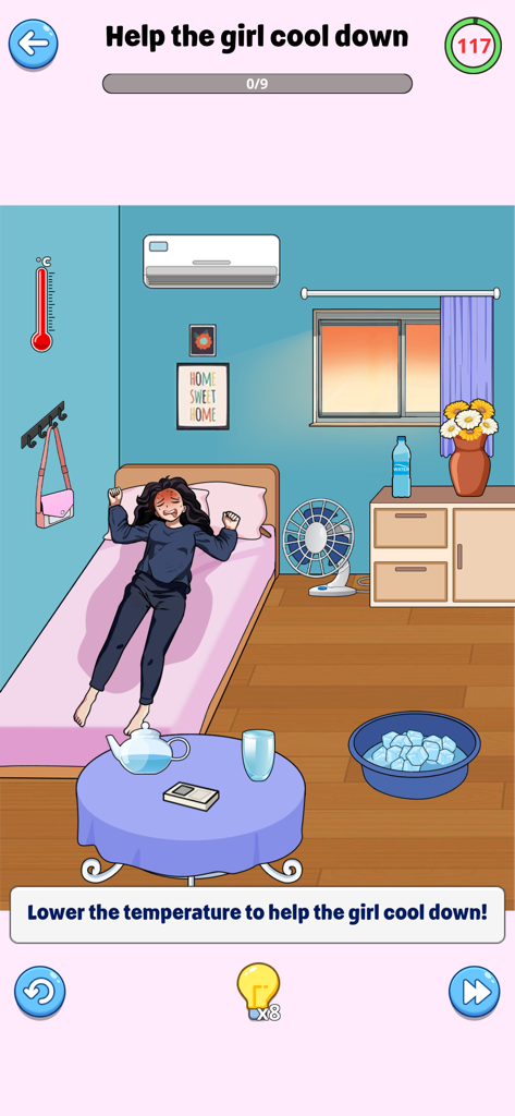 Brain Up - Drama Puzzle Game - A brain teaser level where the player must help a character cool down in a hot bedroom