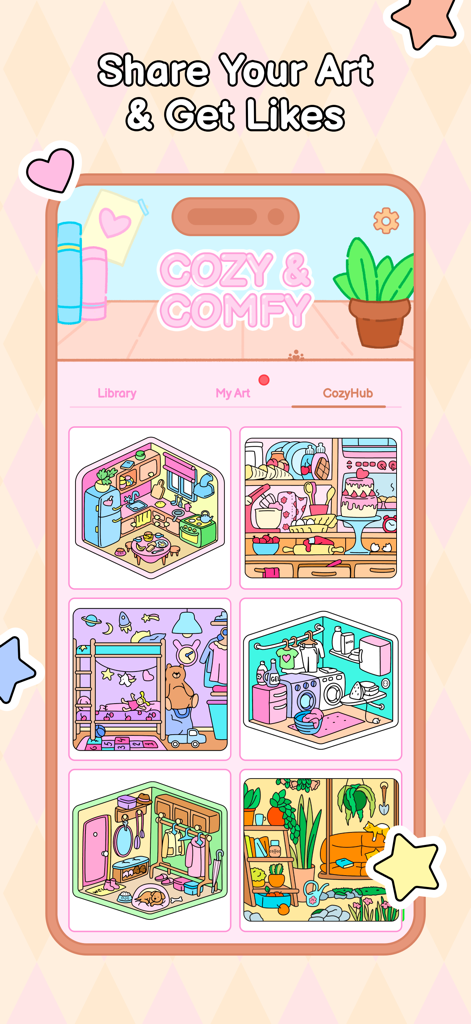 Cozy Home: Comfy Coloring Book - Screenshot der CozyHub-Community in der Cozy Home App, in der Benutzer ihre gefärbten Illustrationen von gemütlichen Räumen teilen, um Likes zu erhalten