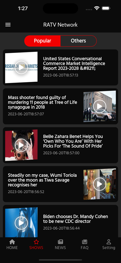 RATV Network - RATV Network mobile app interface displaying a list of popular news and entertainment videos