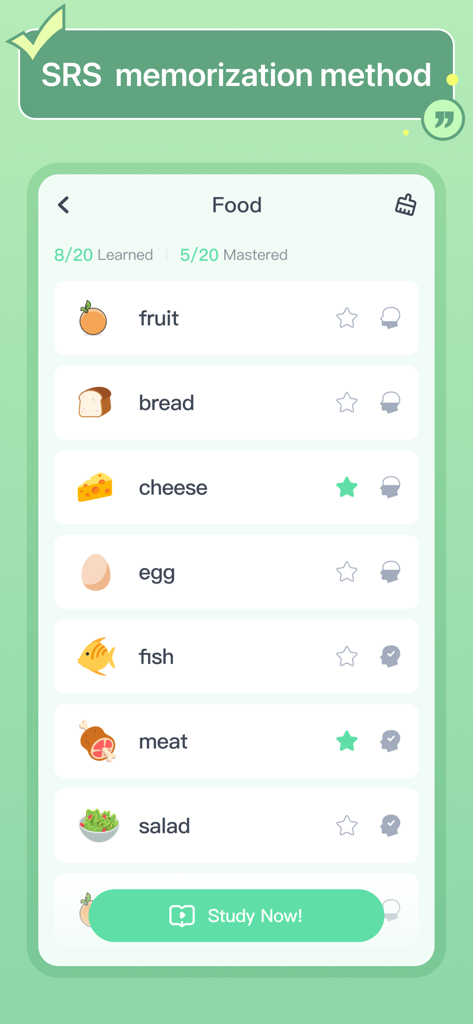 HelloWords Learn Languages Fun - A screenshot of the HelloWords app showing a list of food vocabulary items and the SRS memorization method header