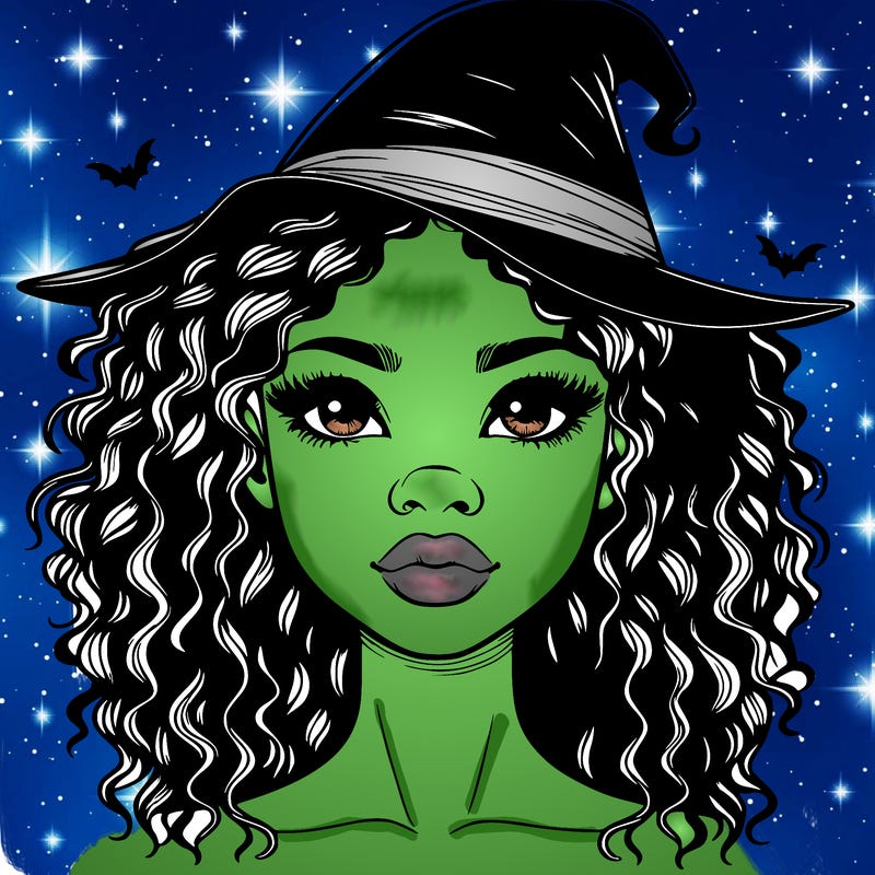 realistic black girl with wavy hair and witch hat and nose and lips