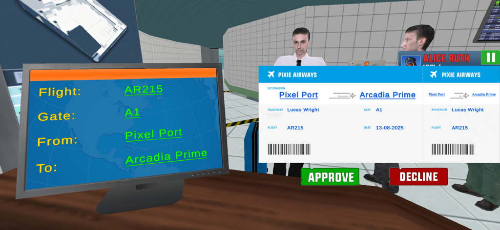 Pilot & Crew: Flight Duties - Simulationsbildschirm für das Flughafentor, der eine Bordkarte und Flugdetails mit Optionen zum Genehmigen oder Ablehnen anzeigt