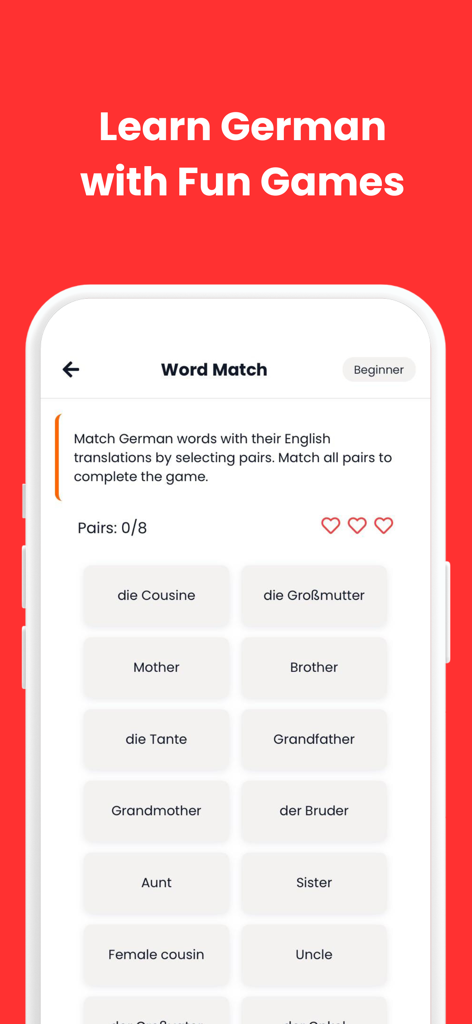 Learn German - Deutsch Mentor - A word matching game for learning German vocabulary in the Deutsch Mentor app