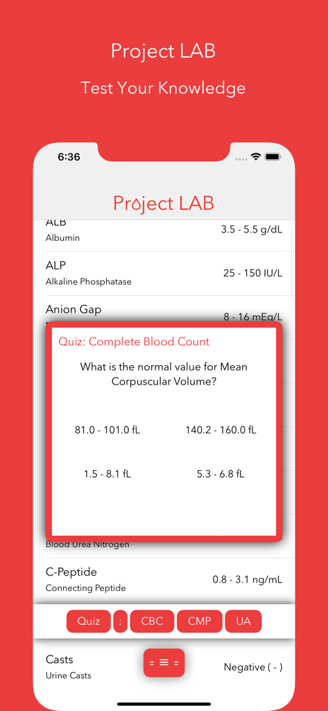 Project LAB - Project LAB app medical quiz interface showing a question about normal values for complete blood count lab results