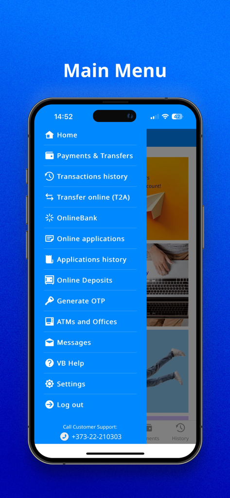 Main menu of the VB24 Mobile banking app showing options for payments transfers and online deposits