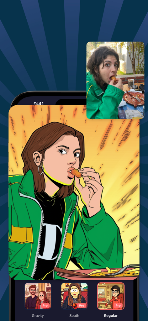 Cartoony: Anime Cartoon Maker - Mobile app interface showing a real photo of a woman transformed into a comic book style cartoon