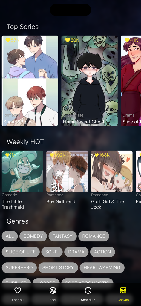 Asuratoon app interface showing popular manga series and genre filter buttons like comedy and romance
