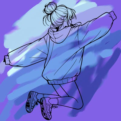 realistic girl jumping with a bun and oversized sweatshirt