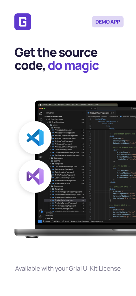 Grial UIKit - A laptop screen displaying XAML source code with the Grial UI Kit branding and developer tool icons