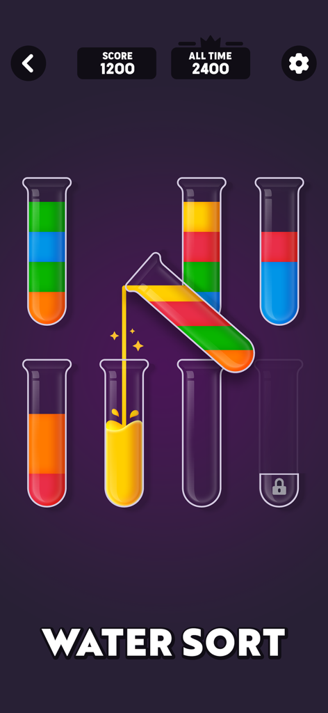 A mobile puzzle game screen showing test tubes with colorful liquids being sorted