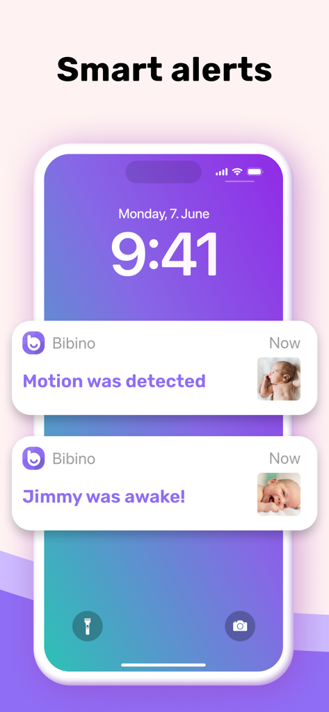 Smartphone lock screen displaying Bibino app smart alerts for motion detection and baby status