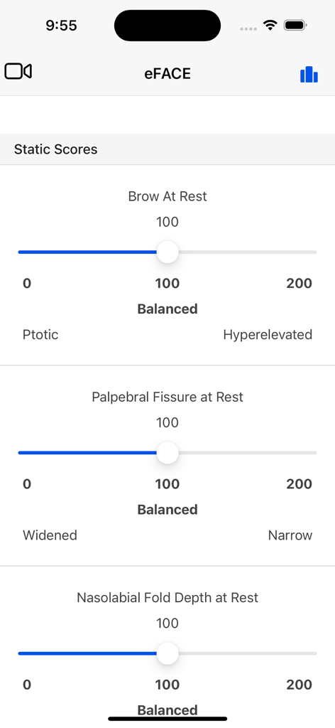 The eFACE - The eFACE app interface showing visual analog sliders for clinician rated static facial function scores.
