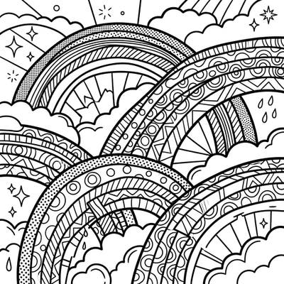 Immerse yourself in a dynamic world of Pop Art with this unique coloring page featuring faint rainbows. Bold outlines and intricate patterns invite you to unleash your creativity and add your personal touch.