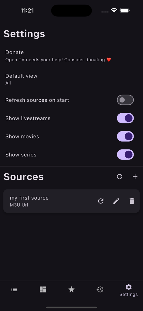 Fred TV app settings screen showing source management and display options