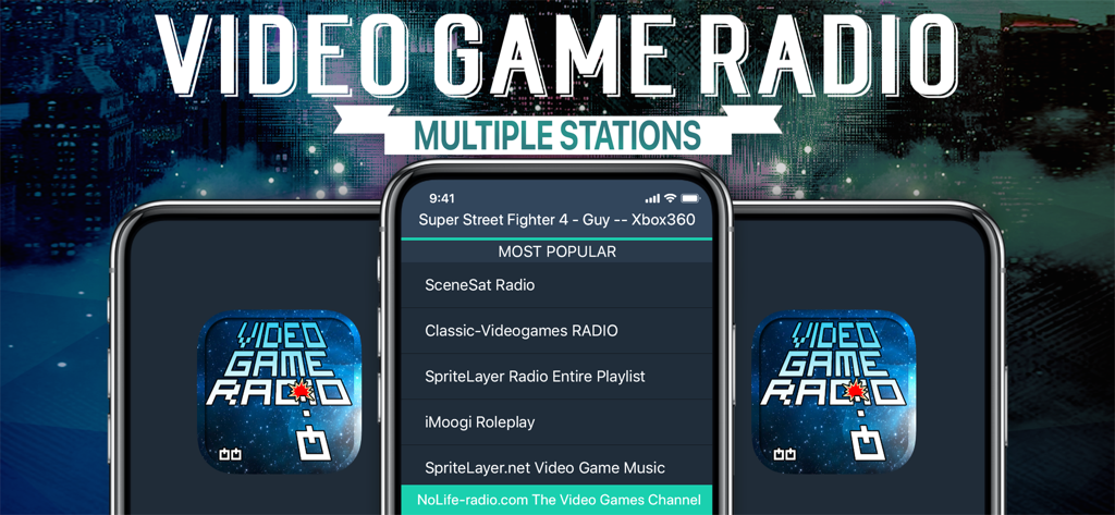 Video Game Radio - Video Game Radio app interface displaying a list of popular gaming music stations.