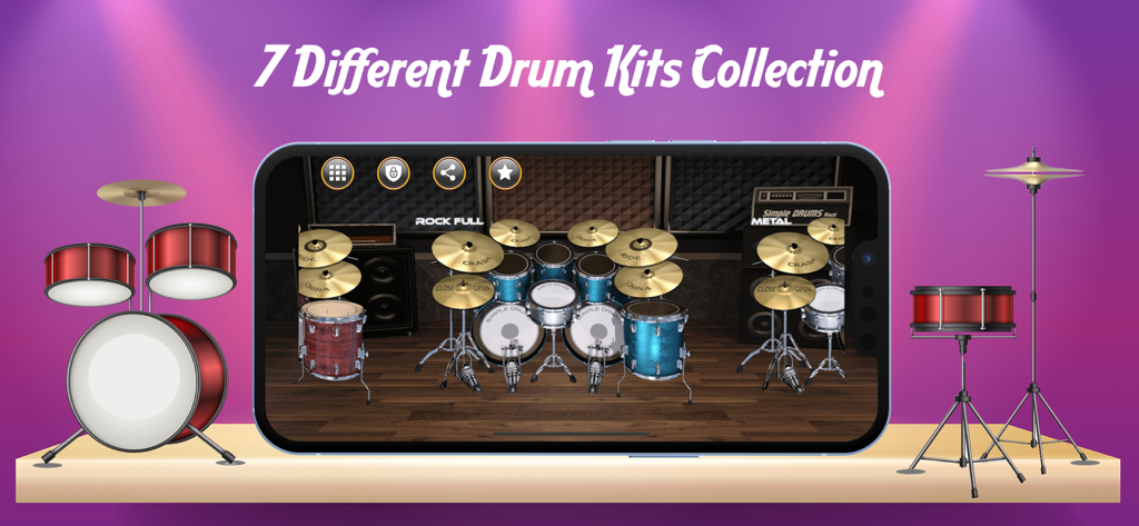 Real Drum Beat Master - Application Real Drum Beat Master montrant une interface de kit de batterie virtuelle avec plusieurs options de kit sur un écran mobile.