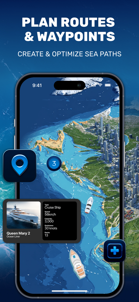 Marine Traffic ：Ship Tracker - Marine Traffic app showing coastal 3D map with ship route planning and vessel details for the Queen Mary 2.