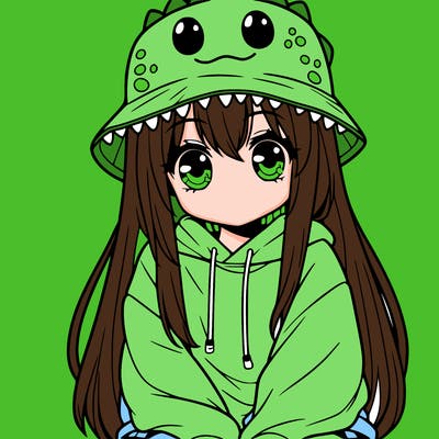 girl with anime shaped eyes with a dinosaur bucket hat oversized sweatshirt long straight hair