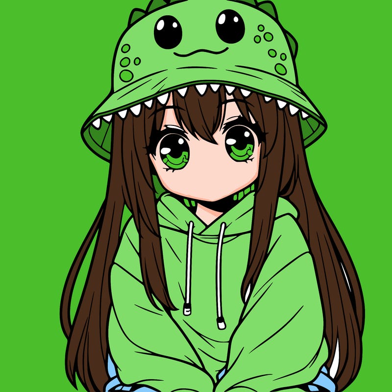 girl with anime shaped eyes with a dinosaur bucket hat oversized sweatshirt long straight hair