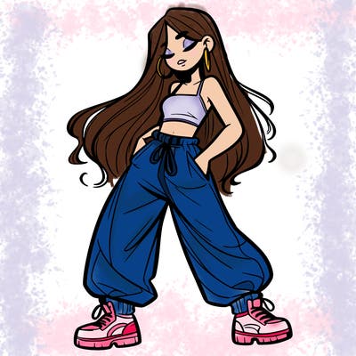 girl in baggy pants crop top and long hair