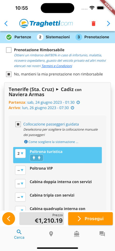 Ferries on line - Pantalla móvil de la aplicación Ferries on line mostrando opciones de asientos y camarotes para un viaje en ferry de Tenerife a Cádiz