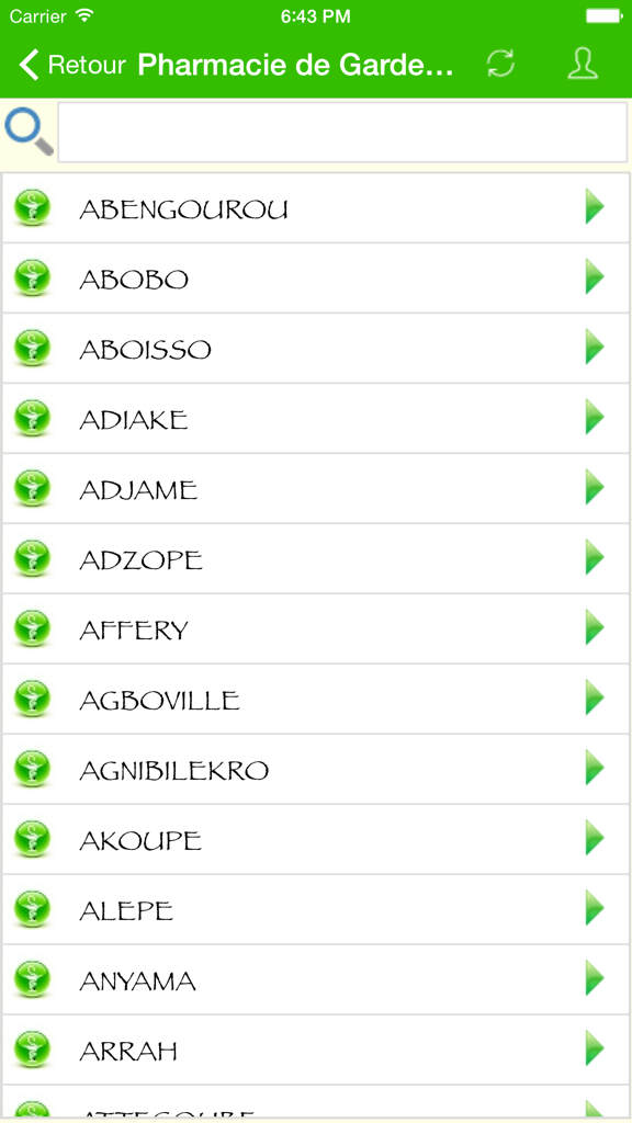 Pharmacie Garde Côte d'Ivoire - List of cities in Ivory Coast to find a duty pharmacy in the Pharmacie Garde app