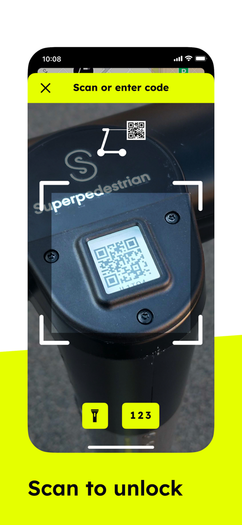 Scanning a QR code on a Superpedestrian scooter handle using the mobile app to start a ride