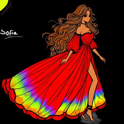 beautiful woman with a vaporous long dress walking on the beach at the noon, detailed art